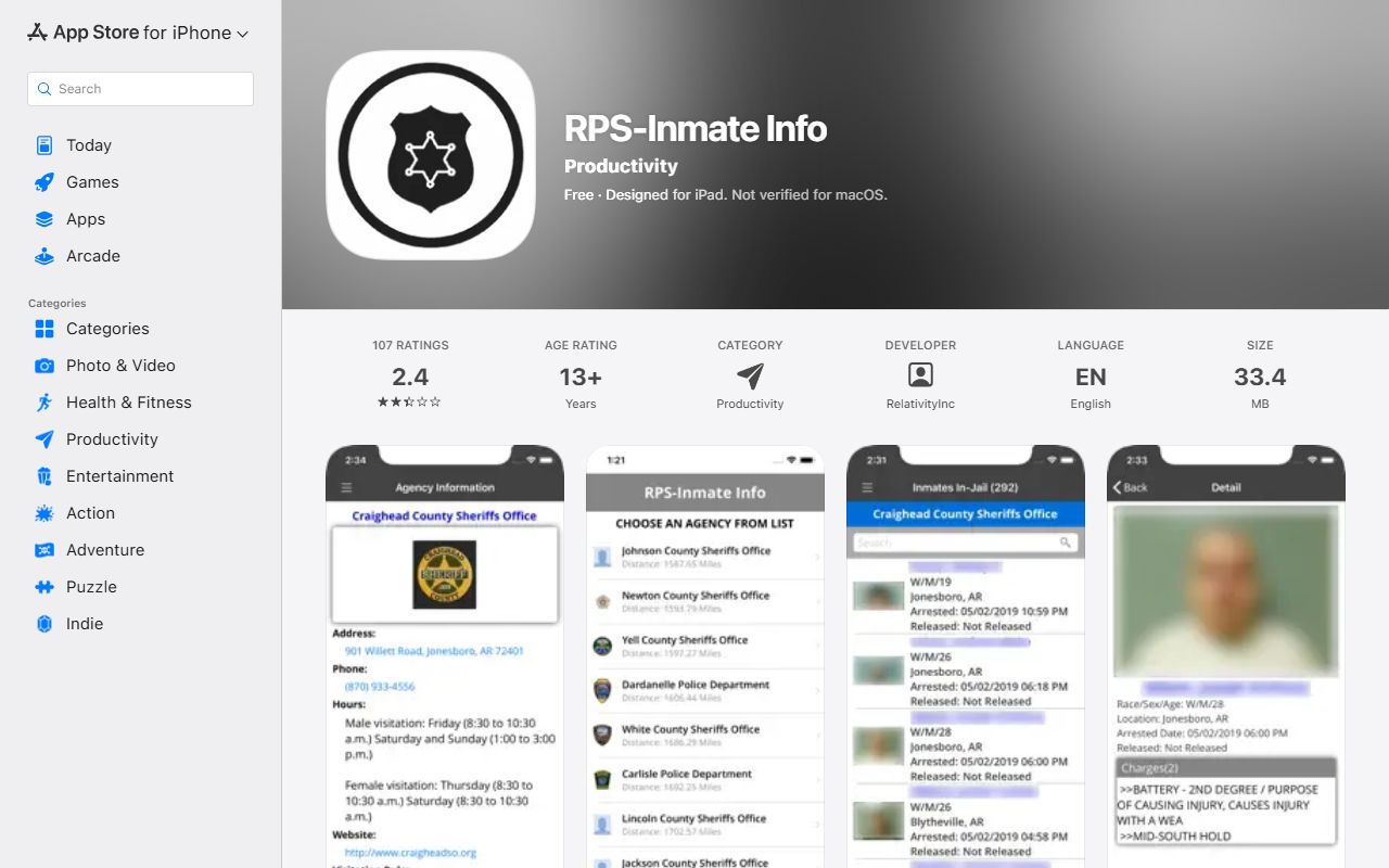 RPS-Inmate Info app listing for Stone County mugshot and jail roster access