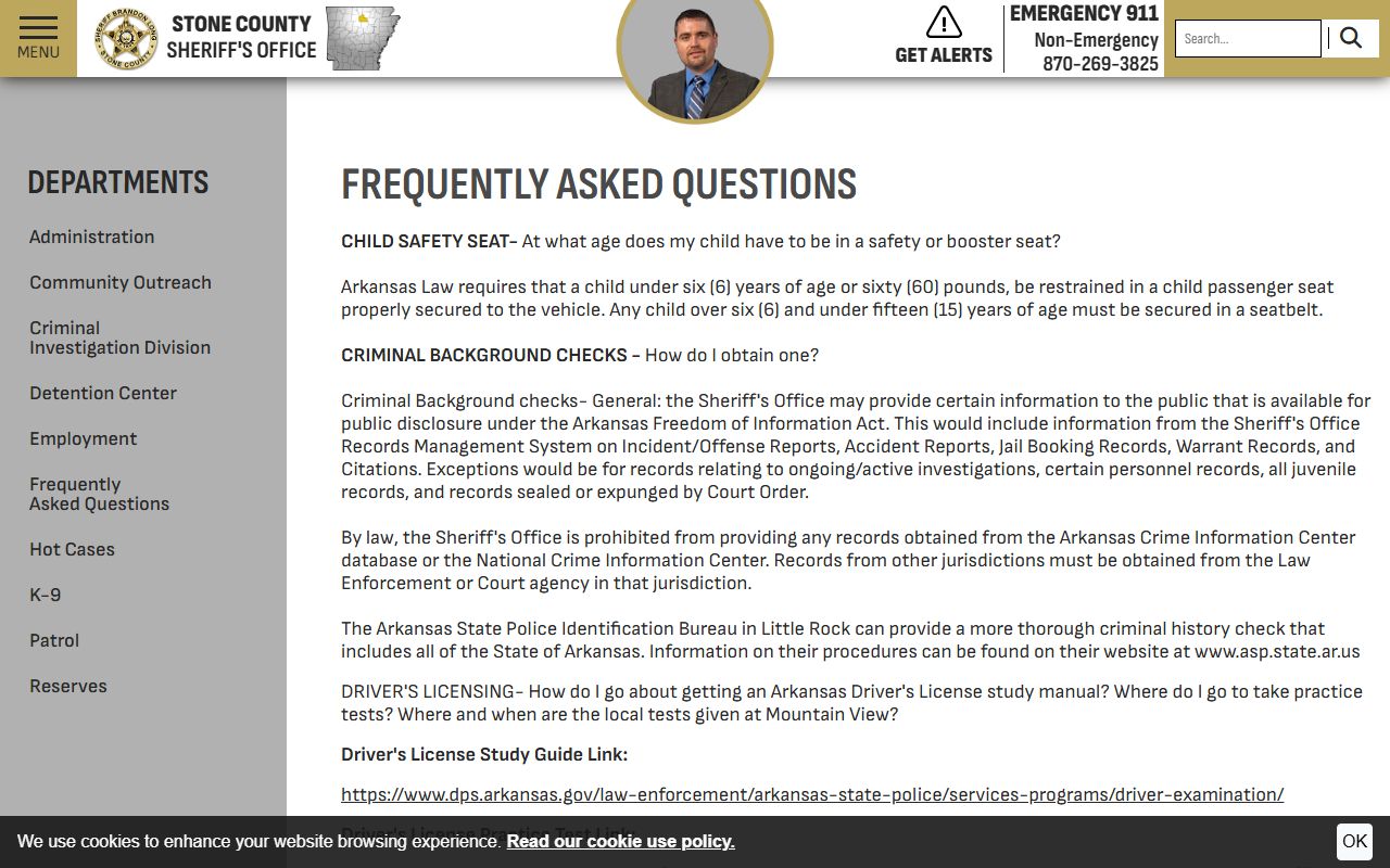 Stone County Sheriff's FAQ for jail booking records and public records access