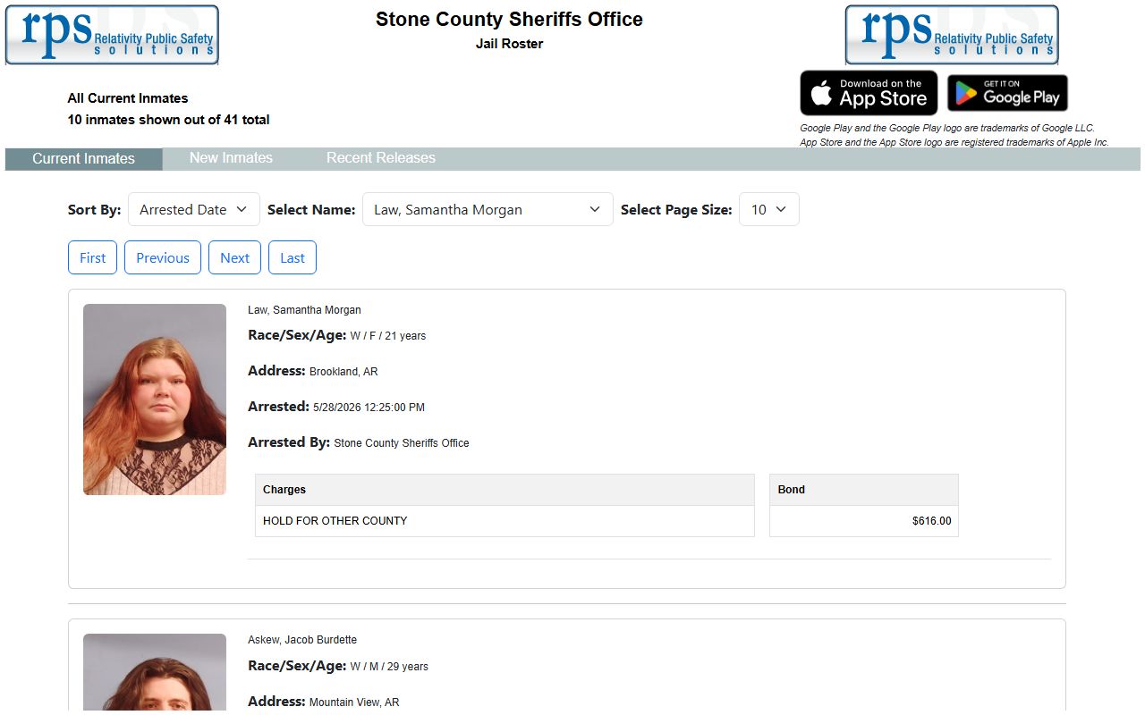 Stone County inmate population current jail roster with mugshots and controls