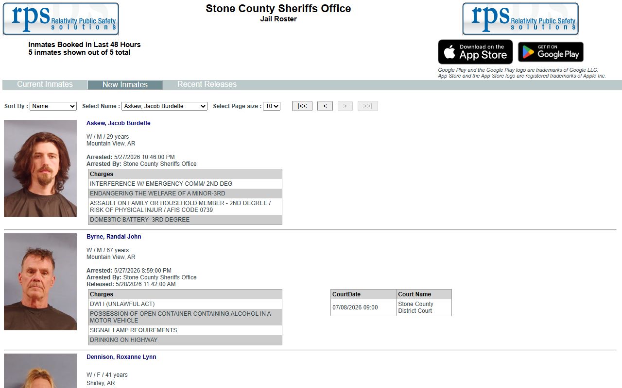 Stone County new inmate roster records tab with booking entries